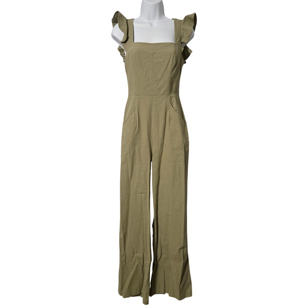 C'Isa Ruffle Sleeve Open Back Wide Leg Jumpsuit S Olive Green Cotton Cottagecore